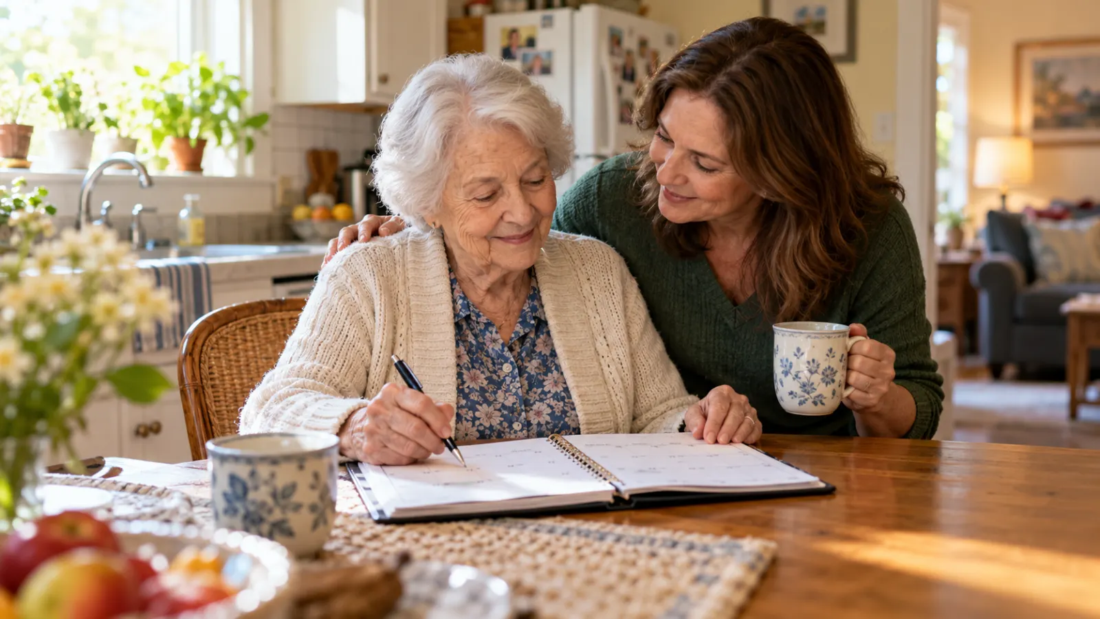 An older adult chooses a book while a younger visitor waits and listens in a bright living room.