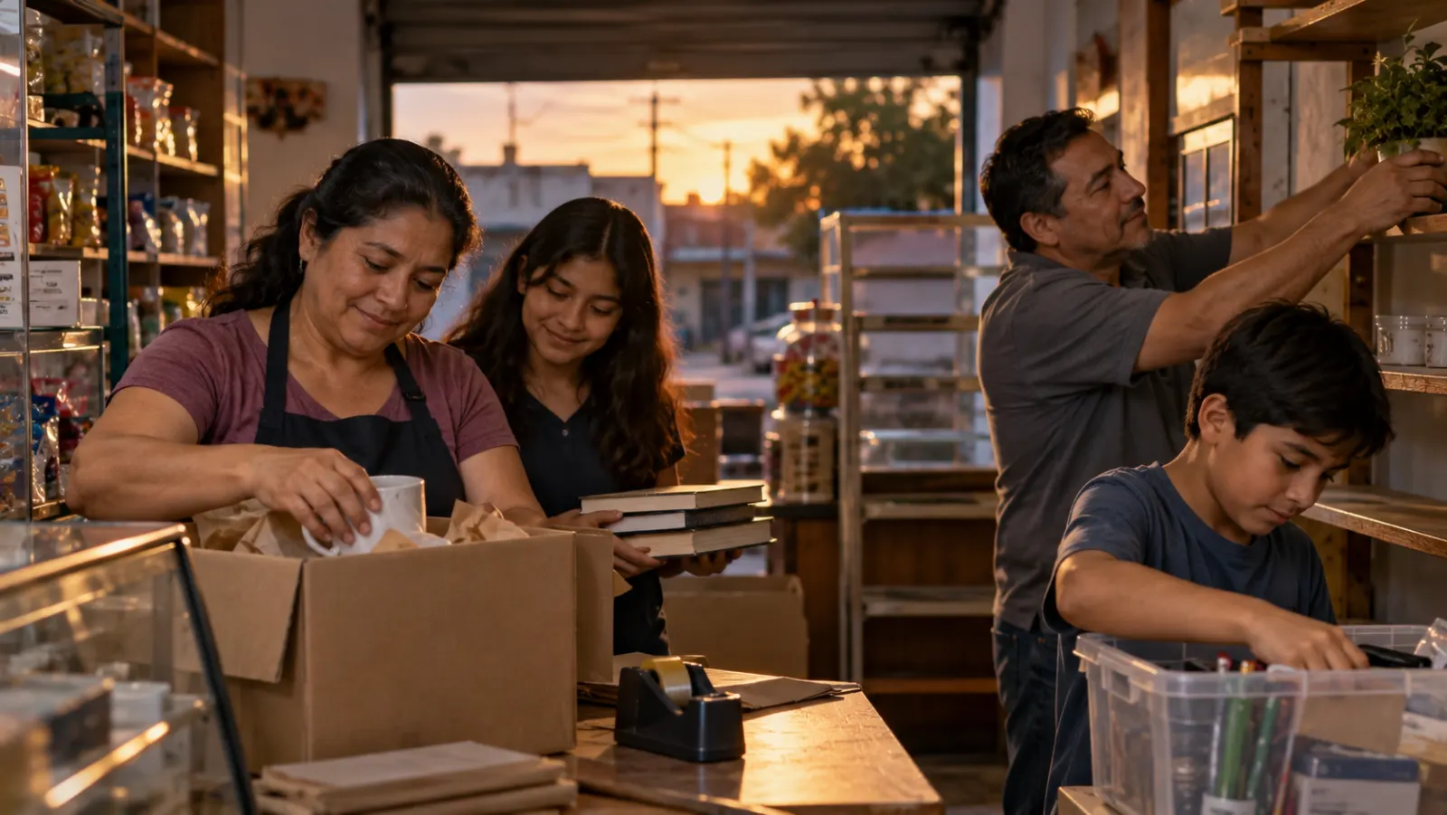 Una familia organiza cajas y pertenencias en el interior de su pequeño negocio al atardecer.