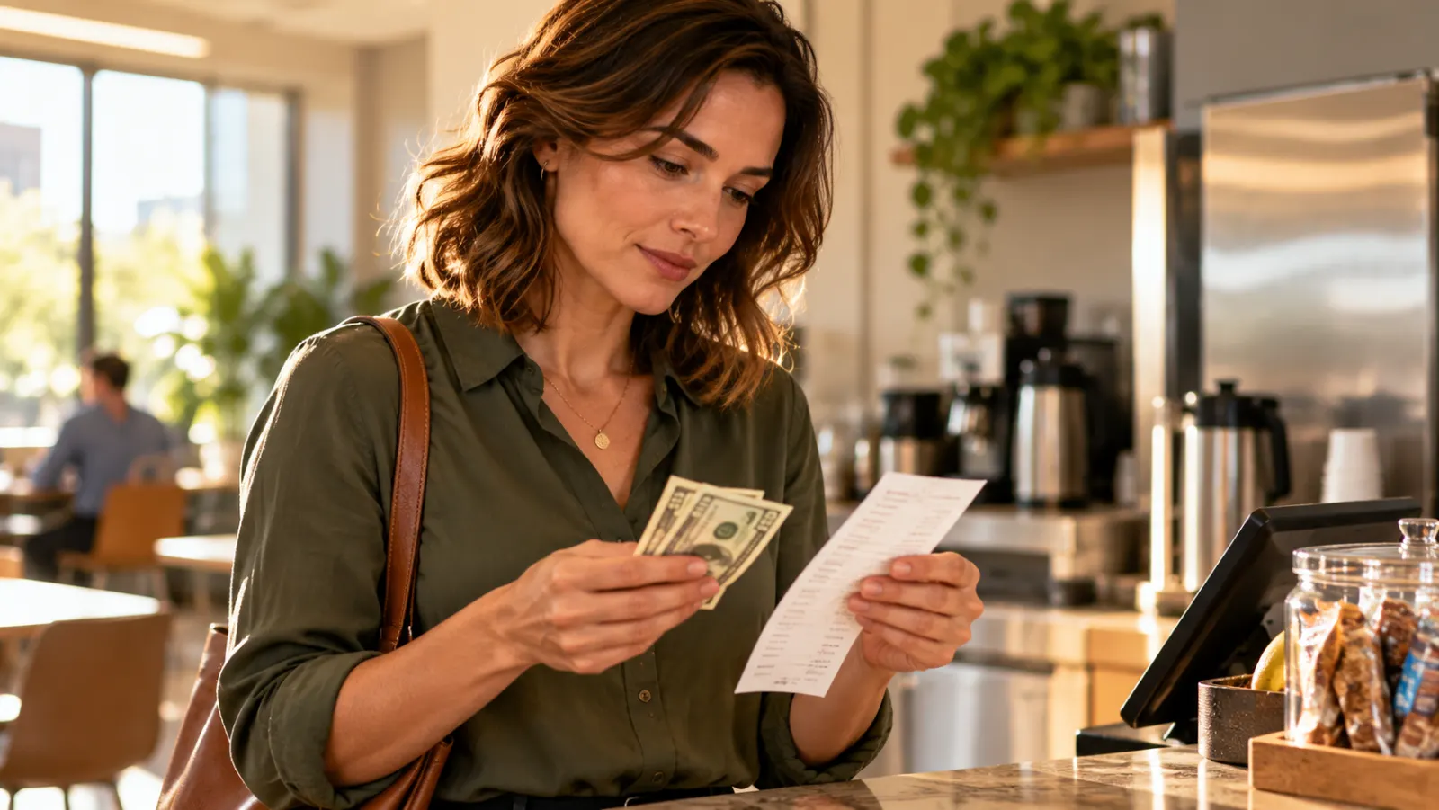A woman reviews a receipt and cash at the counter of a bright neighborhood cafe.