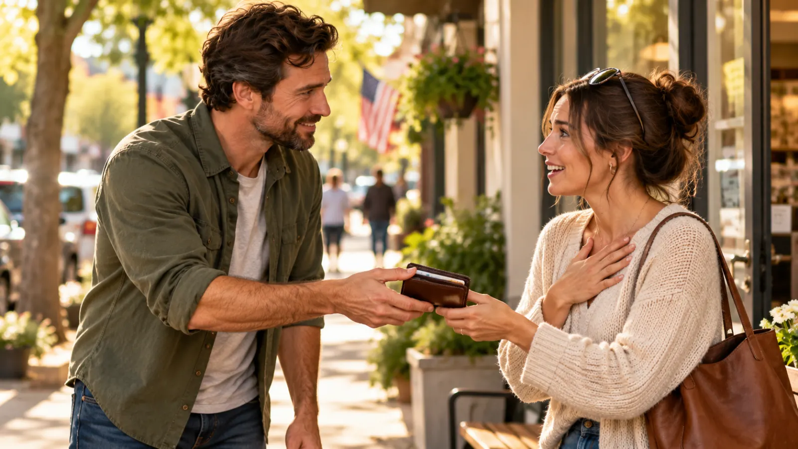 A man returns a wallet to a grateful woman on a sunny small-town sidewalk.
