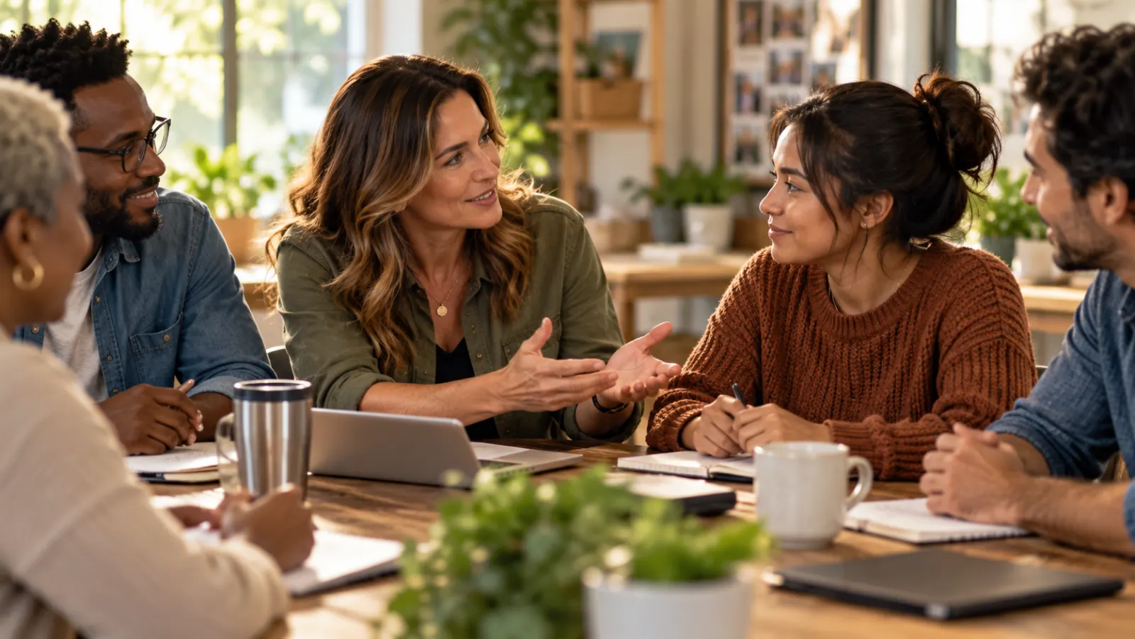 A diverse team listens and exchanges ideas around a meeting table in a bright office.