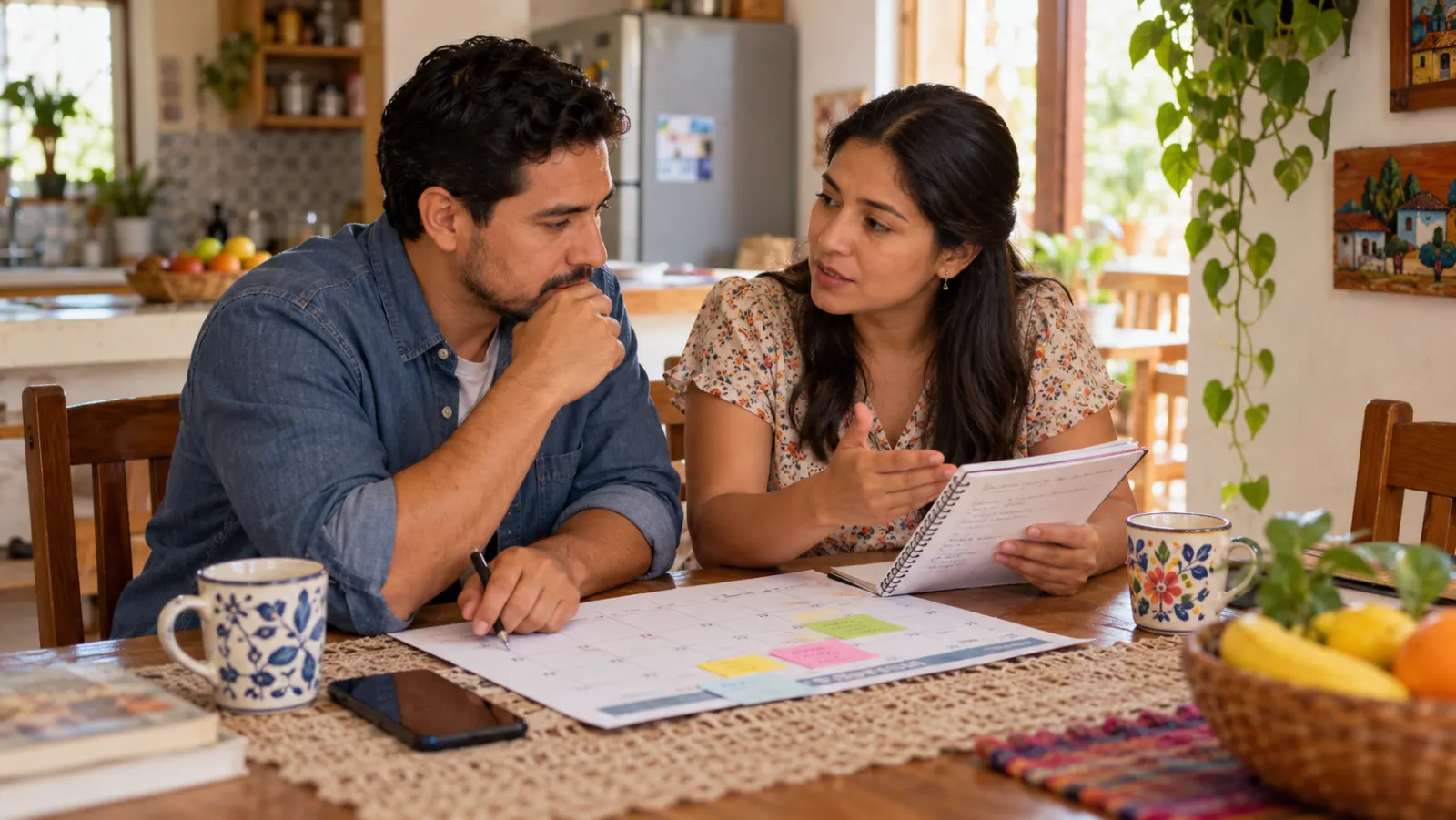 Una pareja latinoamericana revisa compromisos y un calendario en la mesa de su cocina.