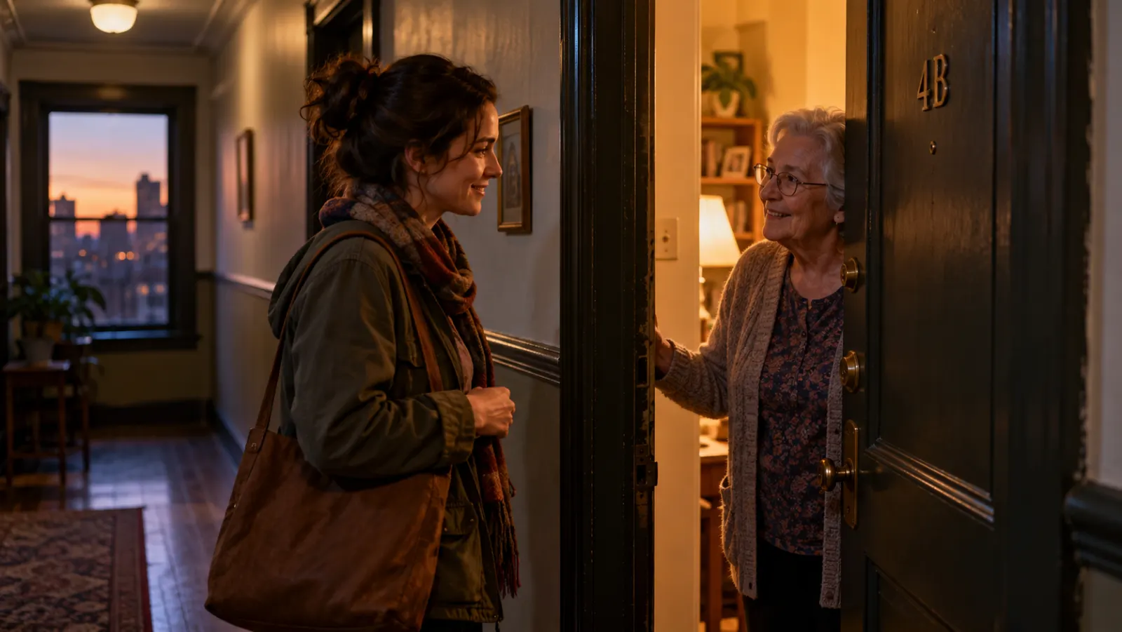 Daniel pauses in the warmly lit corridor of a modest Midwestern apartment building, holding a damp parcel outside a neighbor’s door; one frame,.