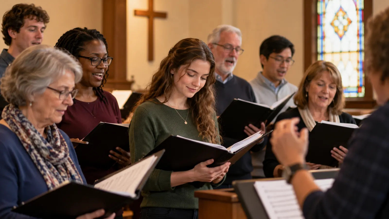 From the side of an ordinary U.S. community-choir rehearsal, a young adult male singer holds sheet music while others rehearse under warm auditorium lights.