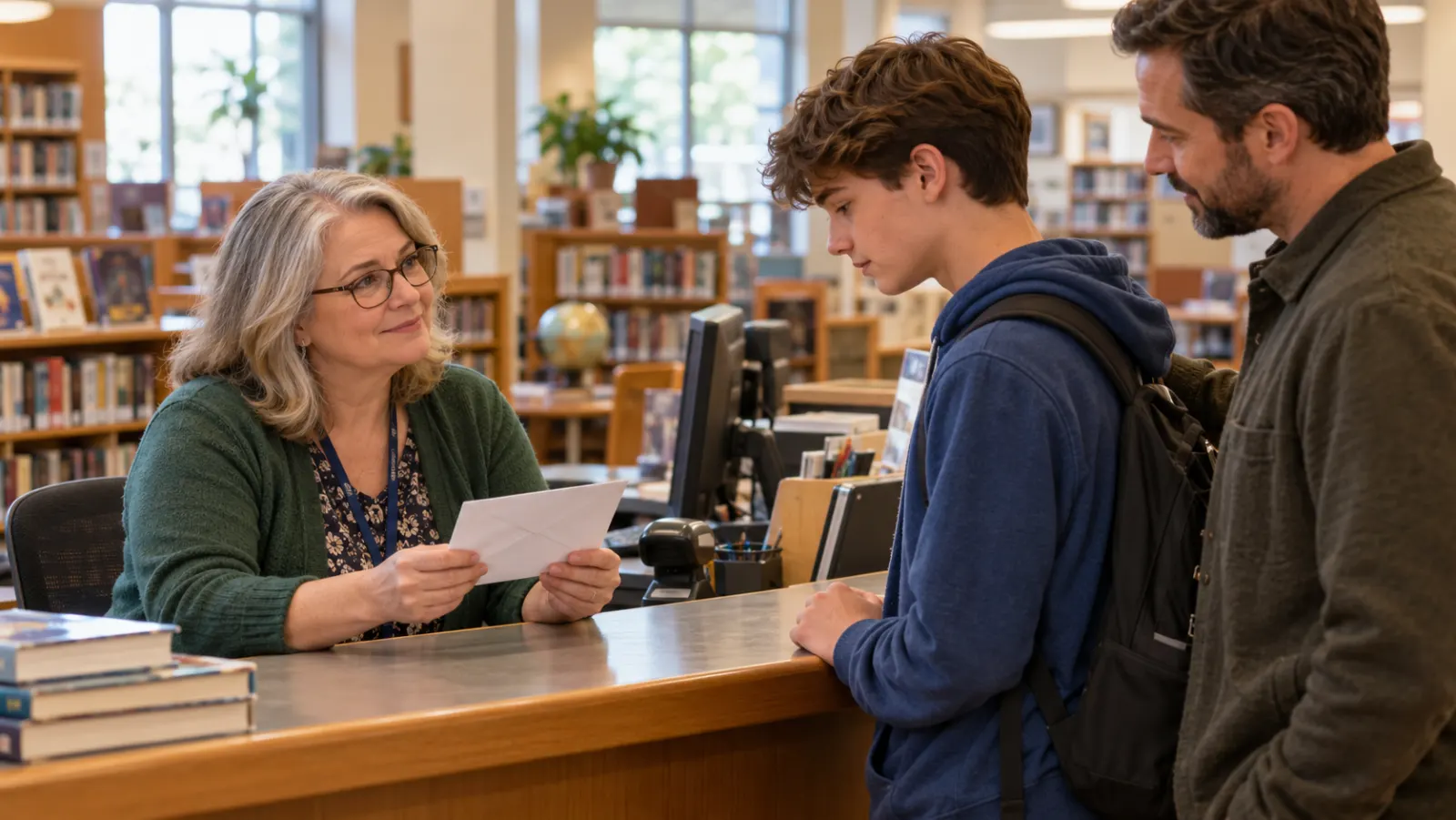 A middle-aged female librarian behind a public-library circulation desk holds a small folded plain note near a returned book, warm early-evening light.