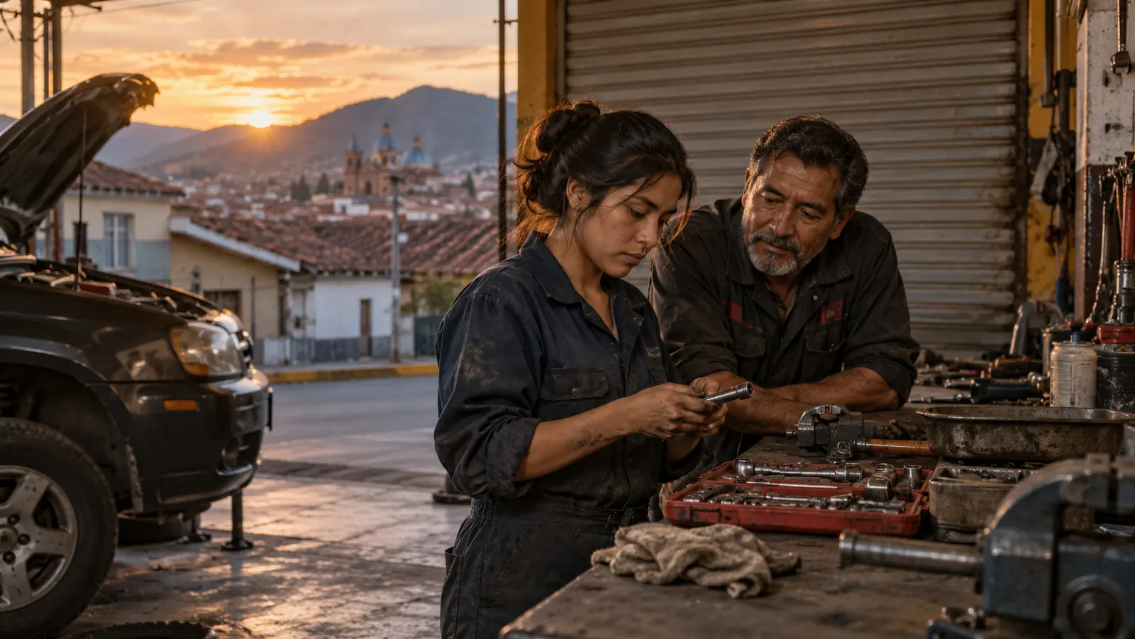 Al atardecer en un taller mecánico de barrio ecuatoriano, una aprendiz joven y un mecánico mayor miran herramientas sobre un banco junto a la persiana casi cerrada.