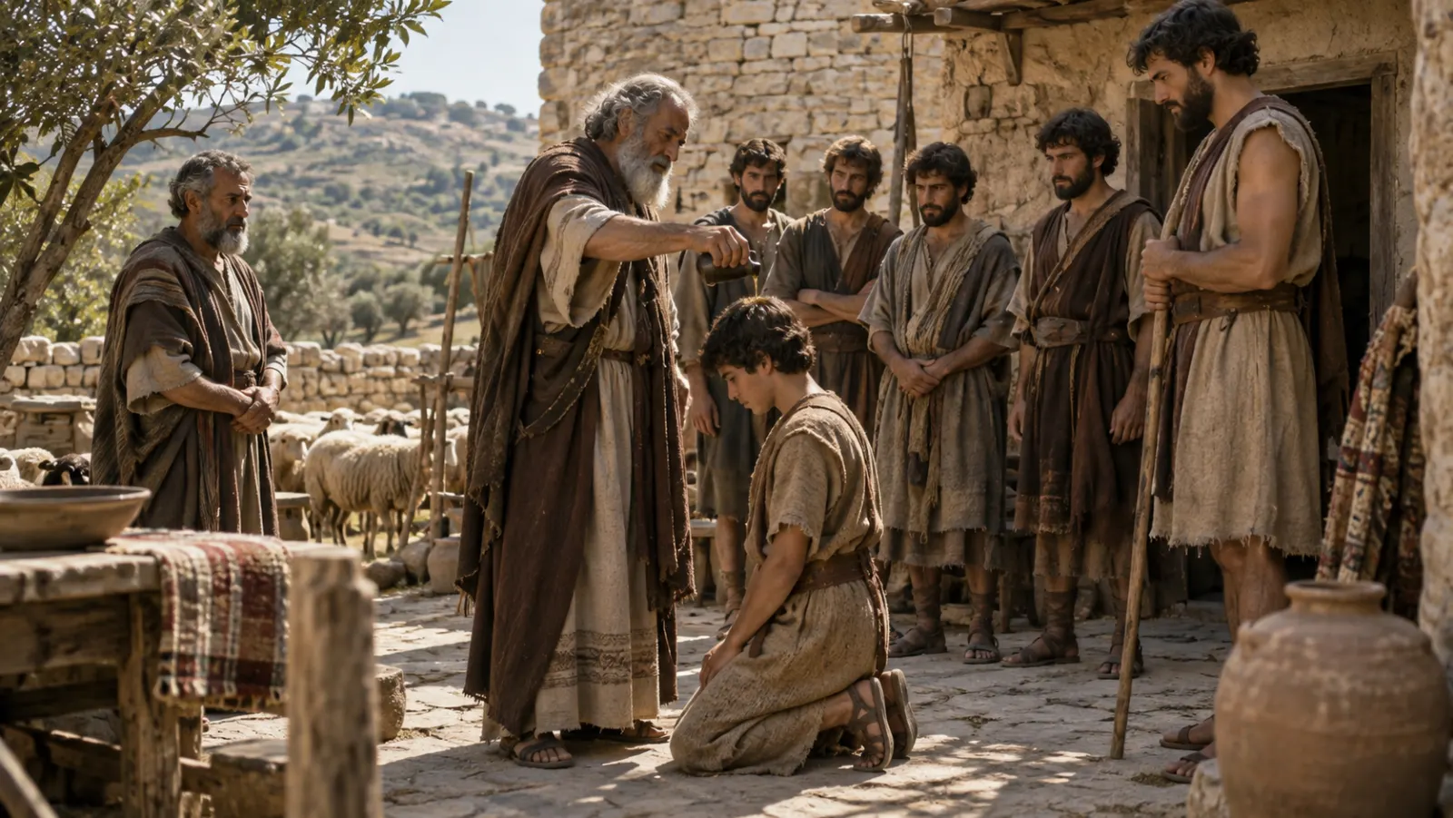 Samuel llega a una casa de Belén y unge al joven David delante de su familia en un entorno rural históricamente plausible.