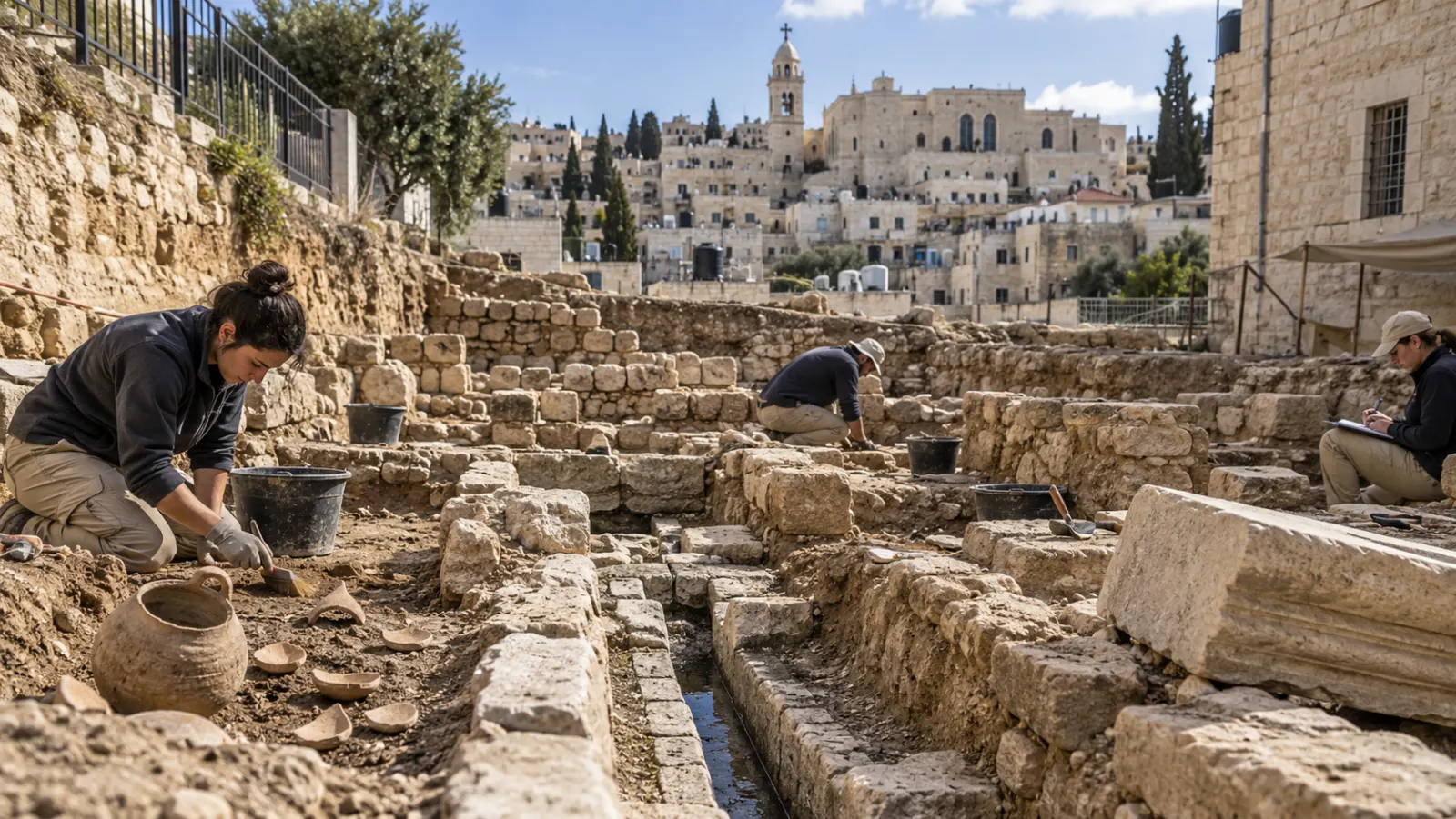Archaeologists carefully documenting ancient stonework and pottery in a limited excavation beside later Bethlehem buildings, emphasizing the challenge of a continuously inhabited site.