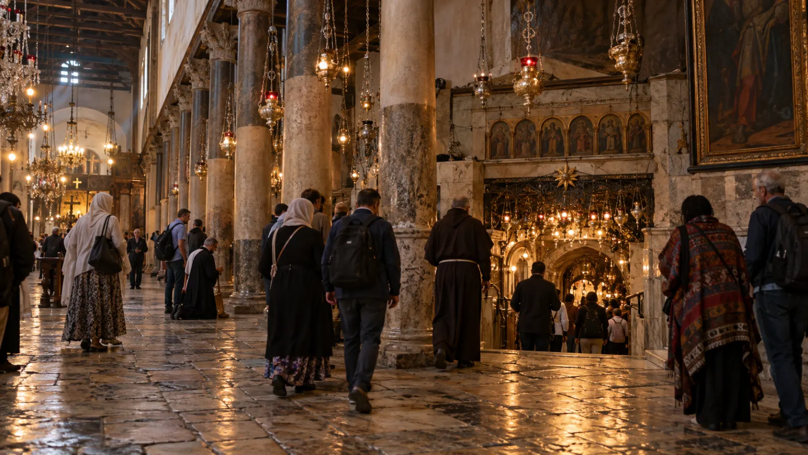 The ancient interior of the Church of the Nativity with pilgrims moving toward the grotto entrance, emphasizing layers of history rather than devotional spectacle.