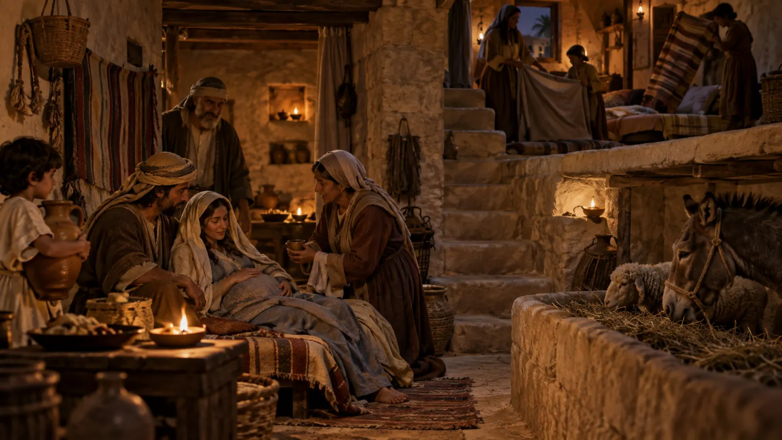 A crowded first-century Judean household where relatives occupy the guest room while Mary and Joseph are shown being accommodated in the main family space near an animal feeding area.