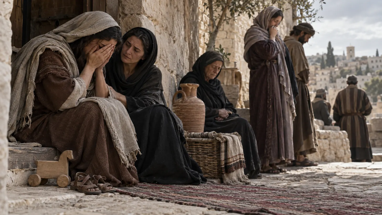 Madres y familias de Belén se reúnen en duelo en una escena histórica sobria, sin mostrar violencia explícita, mientras una casa vacía y juguetes sencillos sugieren la pérdida.