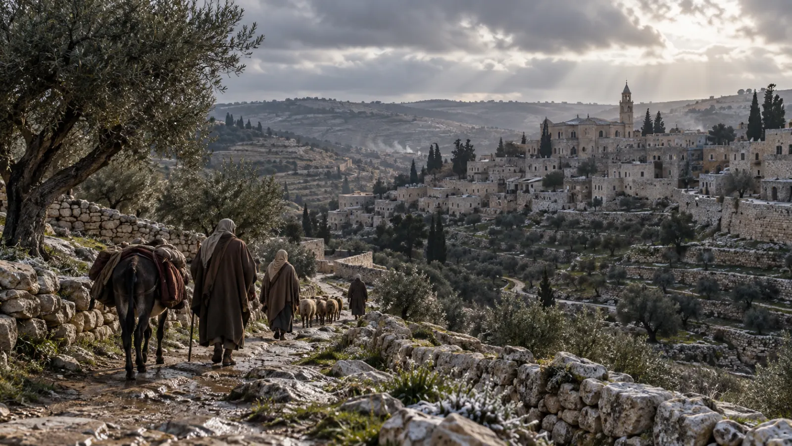 A historically grounded Judean Bethlehem winter landscape with limestone hills, olive trees, damp earth, and cool air—but no European-style blanket of snow.