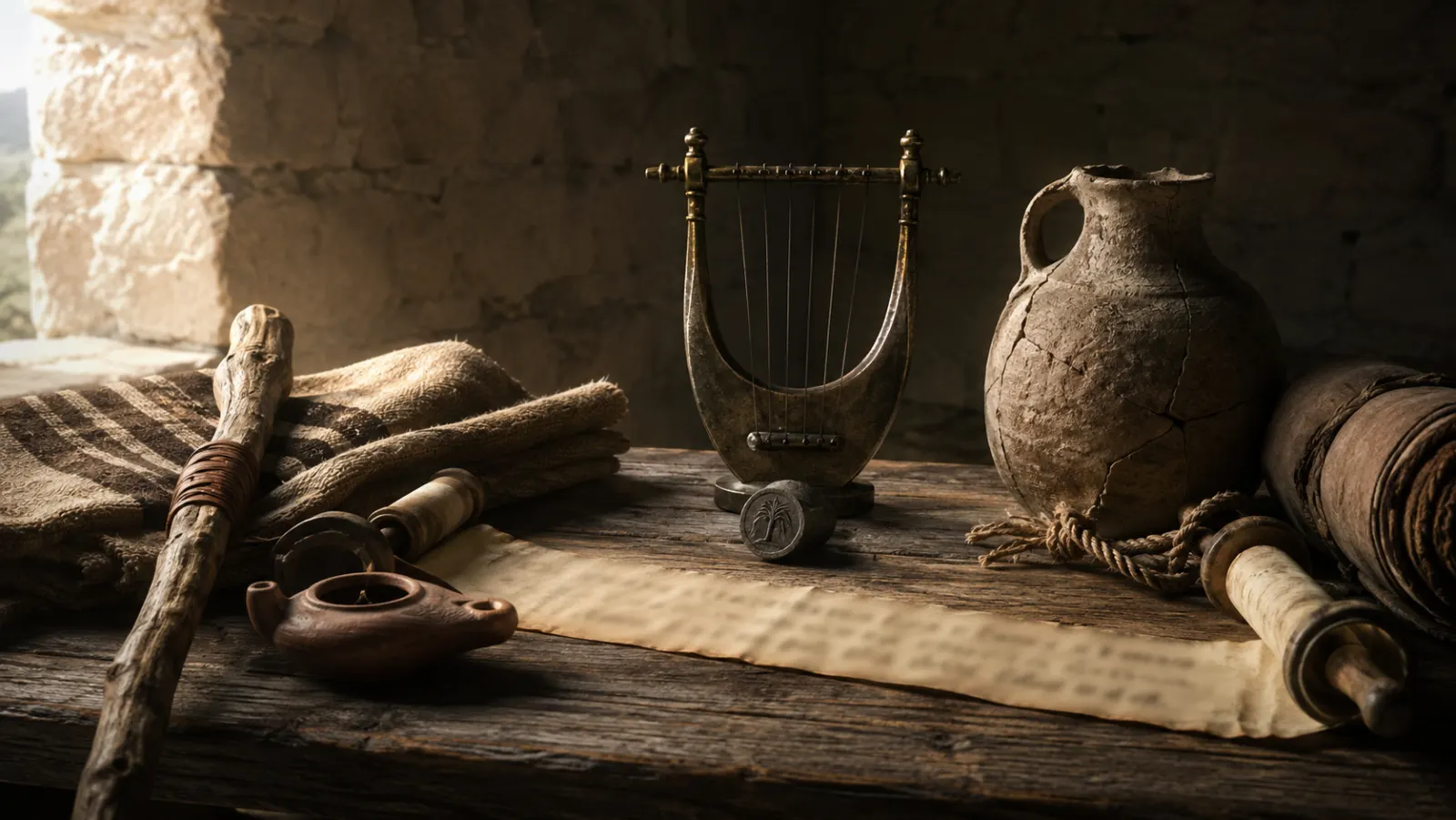 Ancient travel cloth, a lyre, a cracked jar, rope, and a genealogy scroll arranged on a wooden table.