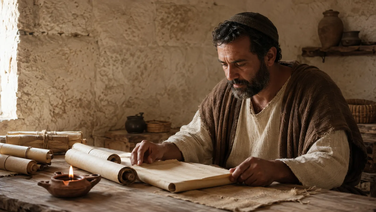 A first-century Jewish scribe studies an open parchment scroll at a wooden table in a modest stone room.