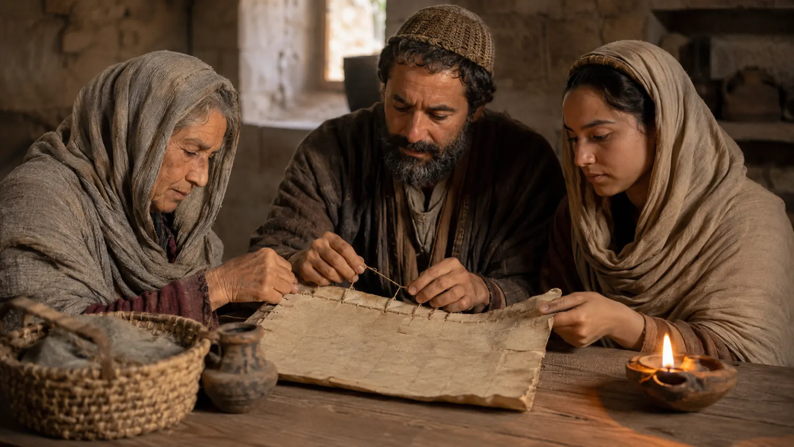 Three generations of an ancient Jewish family carefully mend a worn parchment record with linen thread.