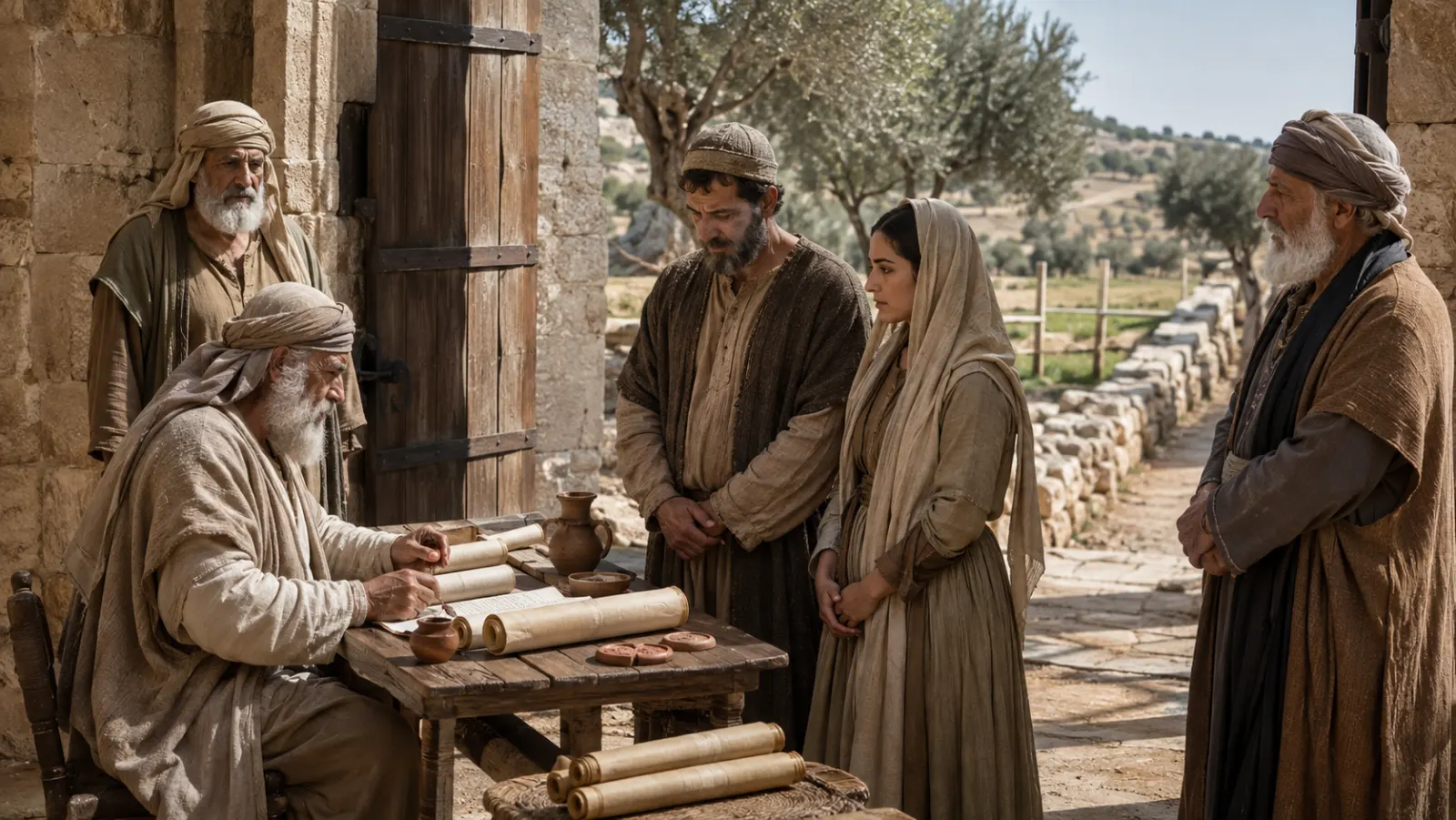 An ancient Judean record keeper consults scrolls with a farmer and his adult daughter as elders witness near a town gate.