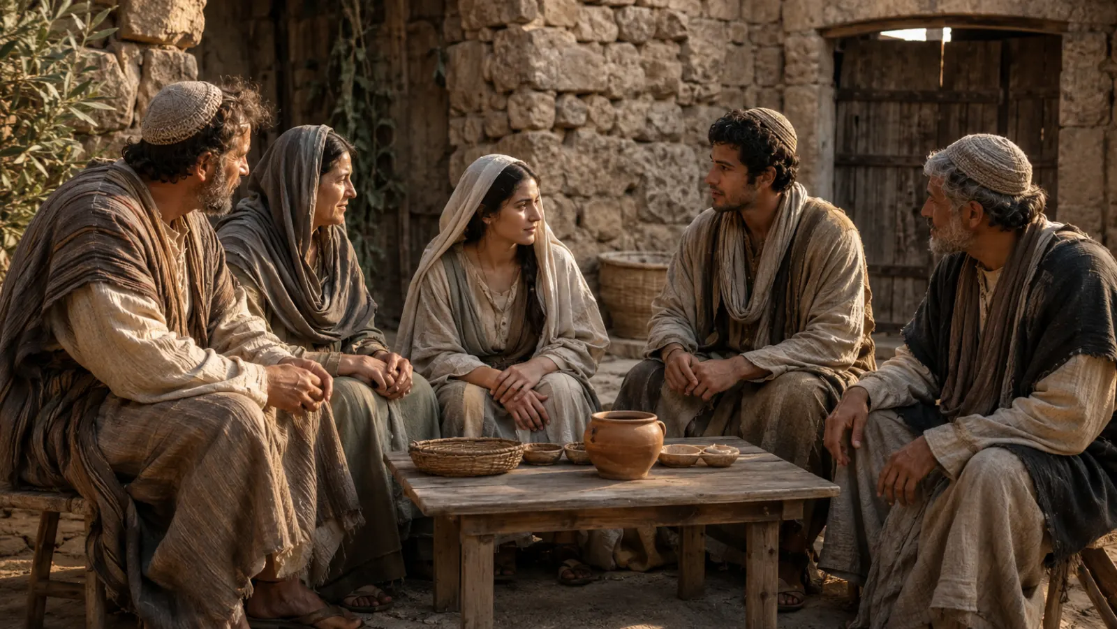 Two first-century Jewish families discuss a marriage agreement in the courtyard of a modest Galilean home.