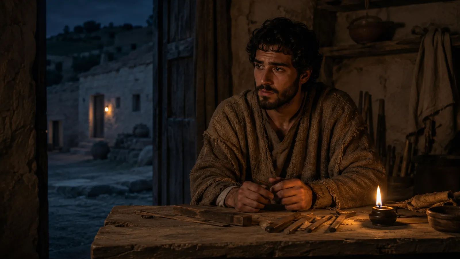 A first-century Jewish craftsman sits awake beside a small oil lamp while a sleeping village is visible through the doorway.