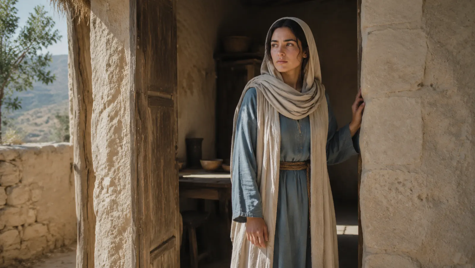 A young first-century Jewish woman stands thoughtfully beside an open doorway in a modest Galilean home.