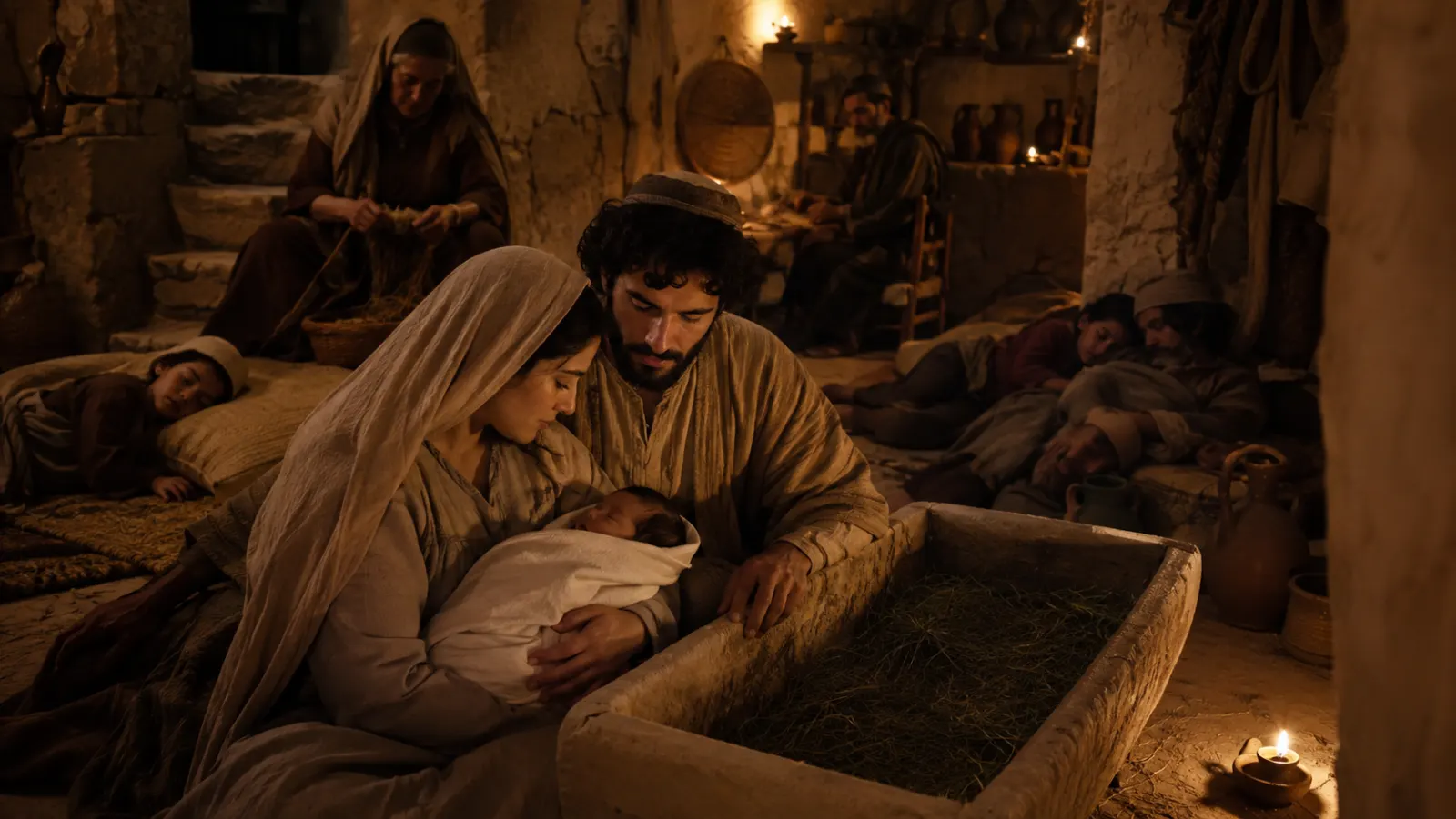 A crowded first-century family home at night has a young couple resting near a stone feeding trough in the lower living area.