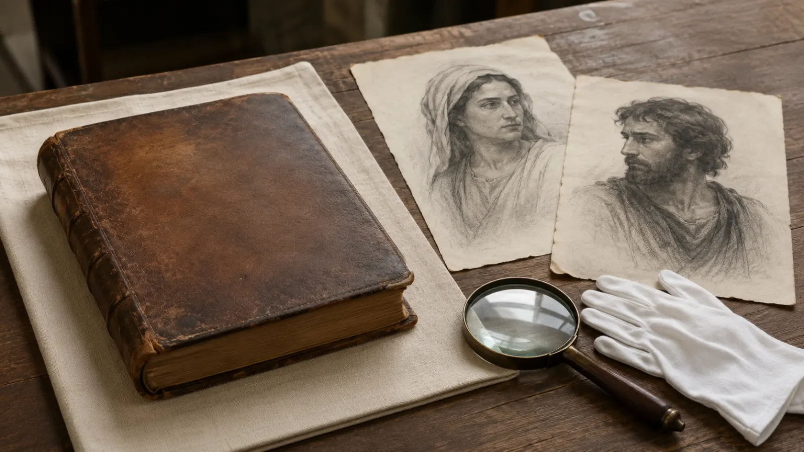 An open Gospel manuscript rests beside several later artistic sketches of the Holy Family on a scholar's table.
