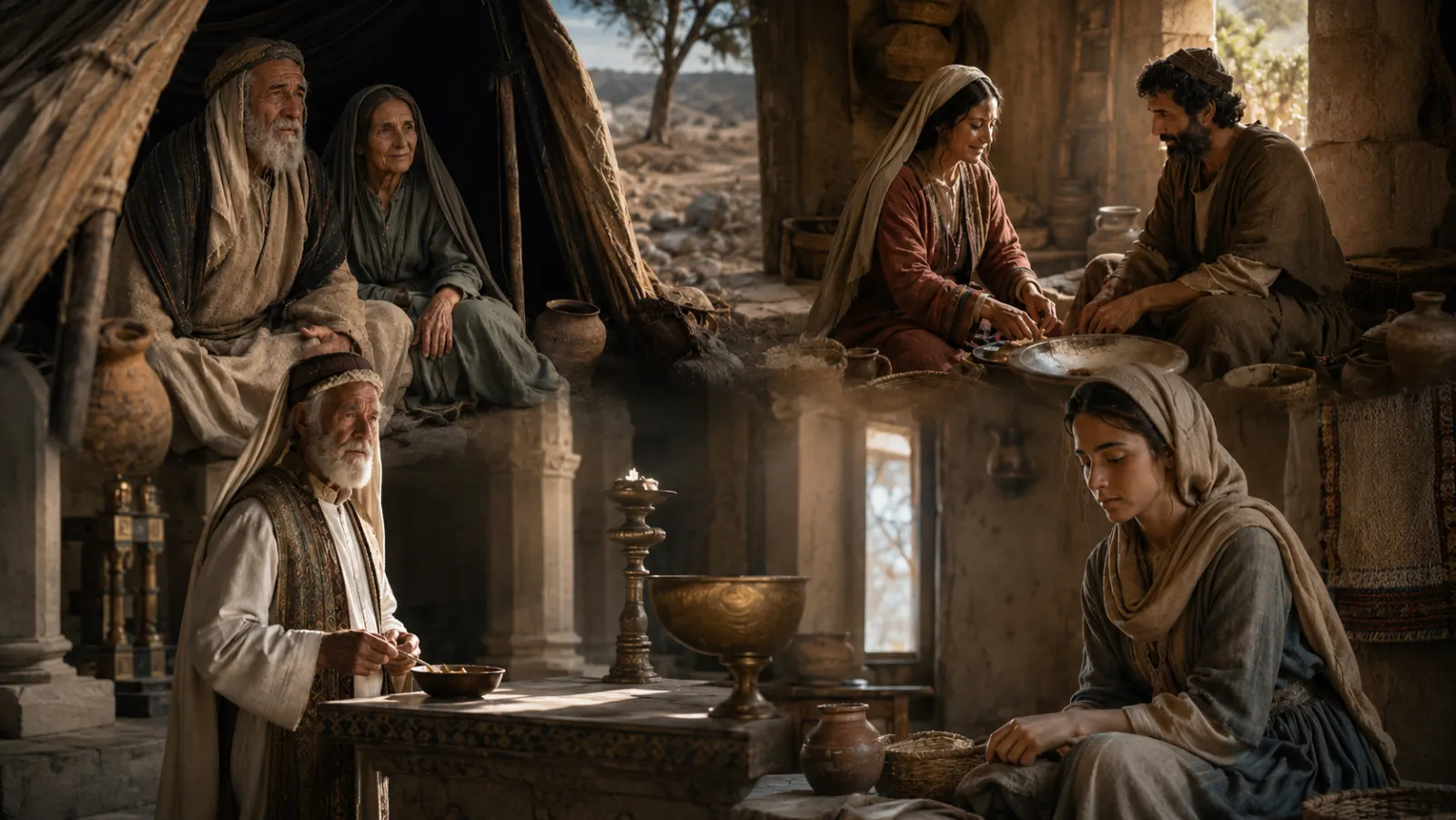 Una composición histórica muestra varias generaciones de familias bíblicas recibiendo noticias inesperadas en distintos entornos, unidas por una luz narrativa sutil.