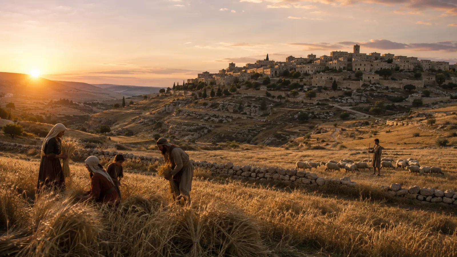 Campos de cebada alrededor de la antigua Belén al atardecer, con una escena de cosecha en primer plano y una figura joven cuidando ovejas a la distancia.