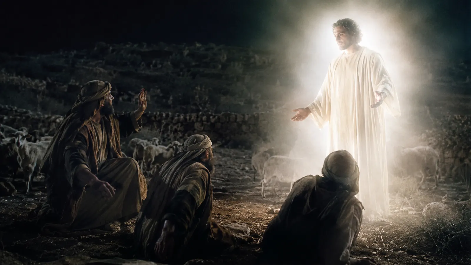 Terrified shepherds shield their eyes as a powerful humanlike heavenly messenger appears in brilliant light over a dark Judean field.