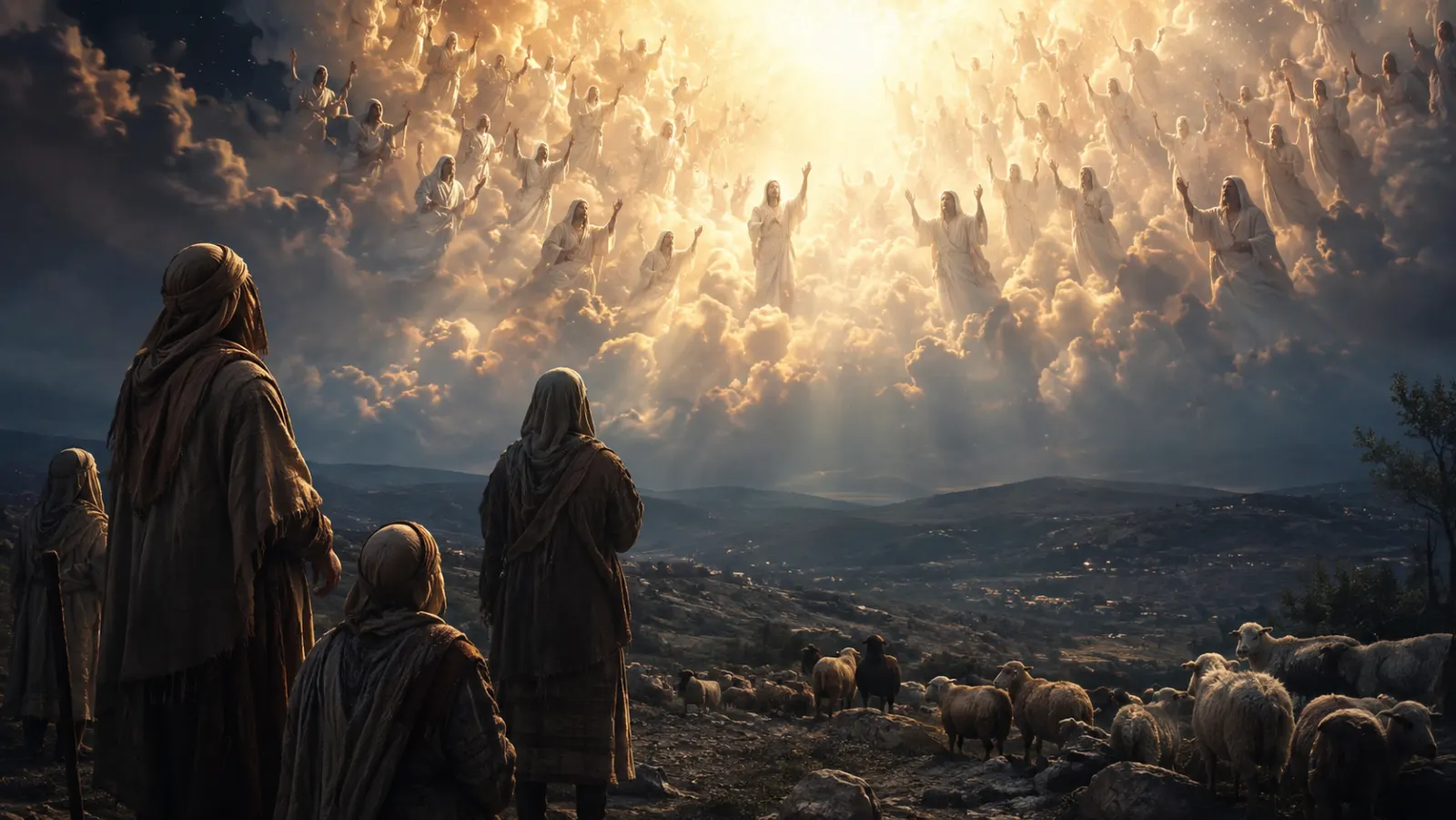 Shepherds look upward as a radiant heavenly multitude praises God in the night sky above Bethlehem.