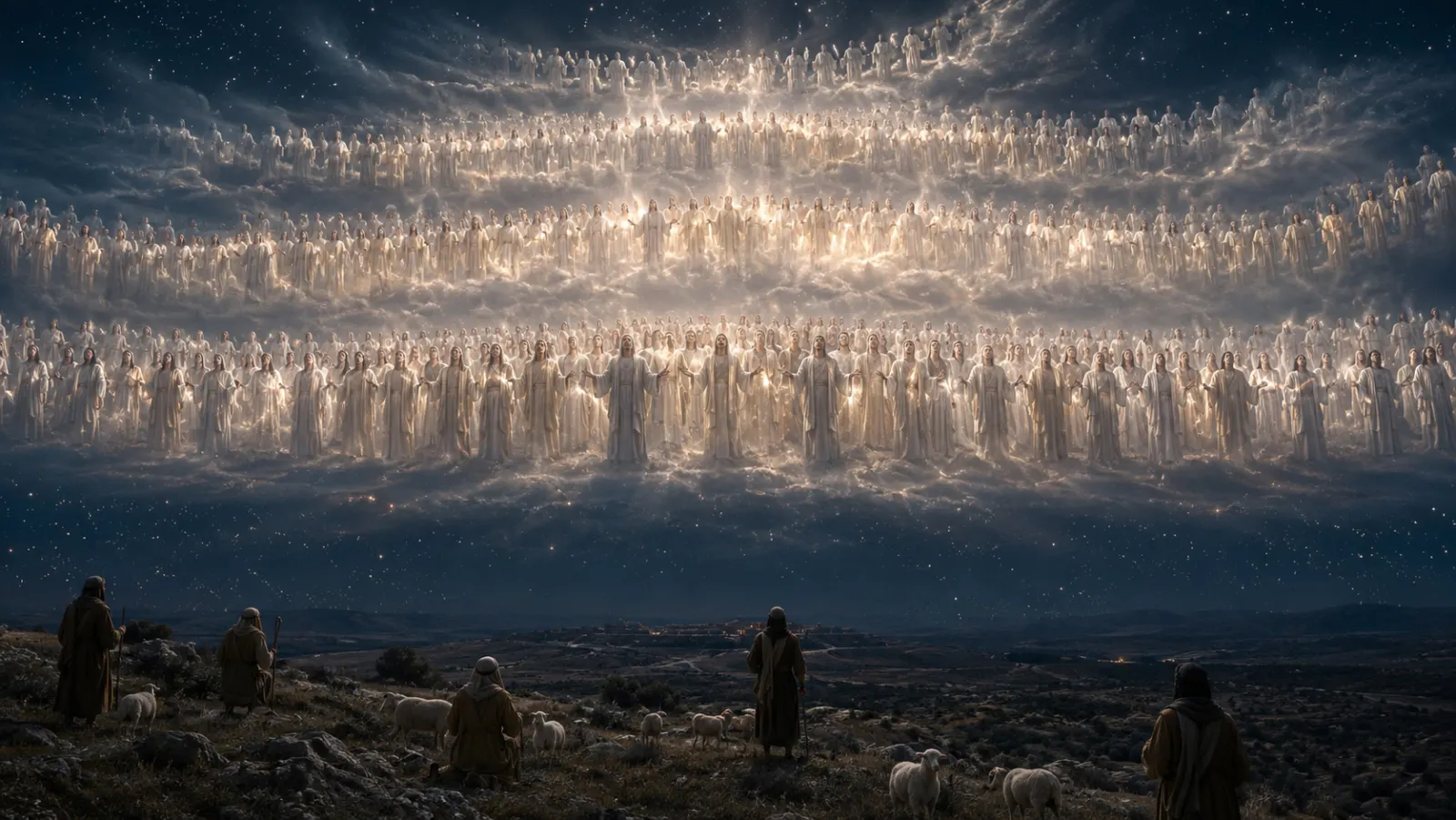 A vast ordered company of radiant heavenly figures fills the night sky above small shepherds and sheep in a Judean field.