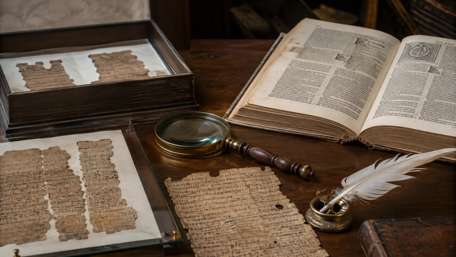 Dos copias antiguas de un texto griego abiertas junto a una Biblia en español, con una pequeña diferencia de escritura destacada visualmente sin texto legible.