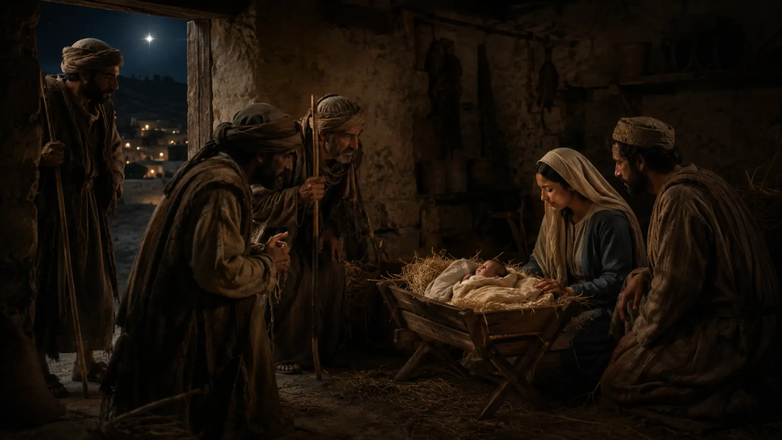 Shepherds enter a dim modest room and focus on a newborn lying in a feeding manger while the last glow of the heavenly spectacle fades outside.