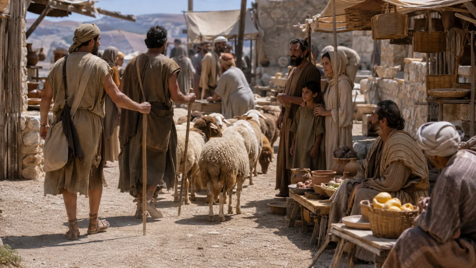 Working shepherds bring sheep toward a Judean settlement while townspeople trade nearby, showing shepherds as modest rural workers rather than isolated social exiles.