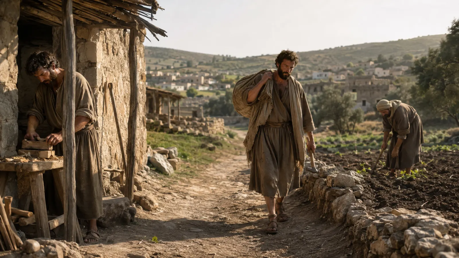Campesinos, un artesano y un trabajador por día aparecen en una misma escena rural para mostrar el trabajo de la gente común en el siglo I.