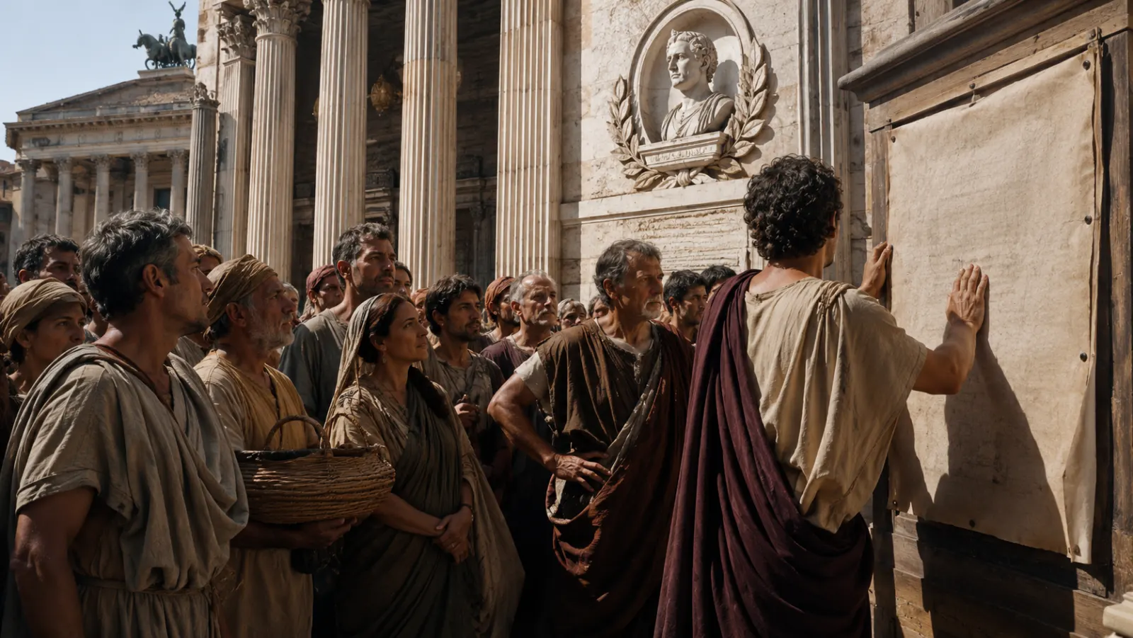 A civic square in an eastern Roman city displays an honorific image of Augustus while merchants and families continue ordinary life beneath it.