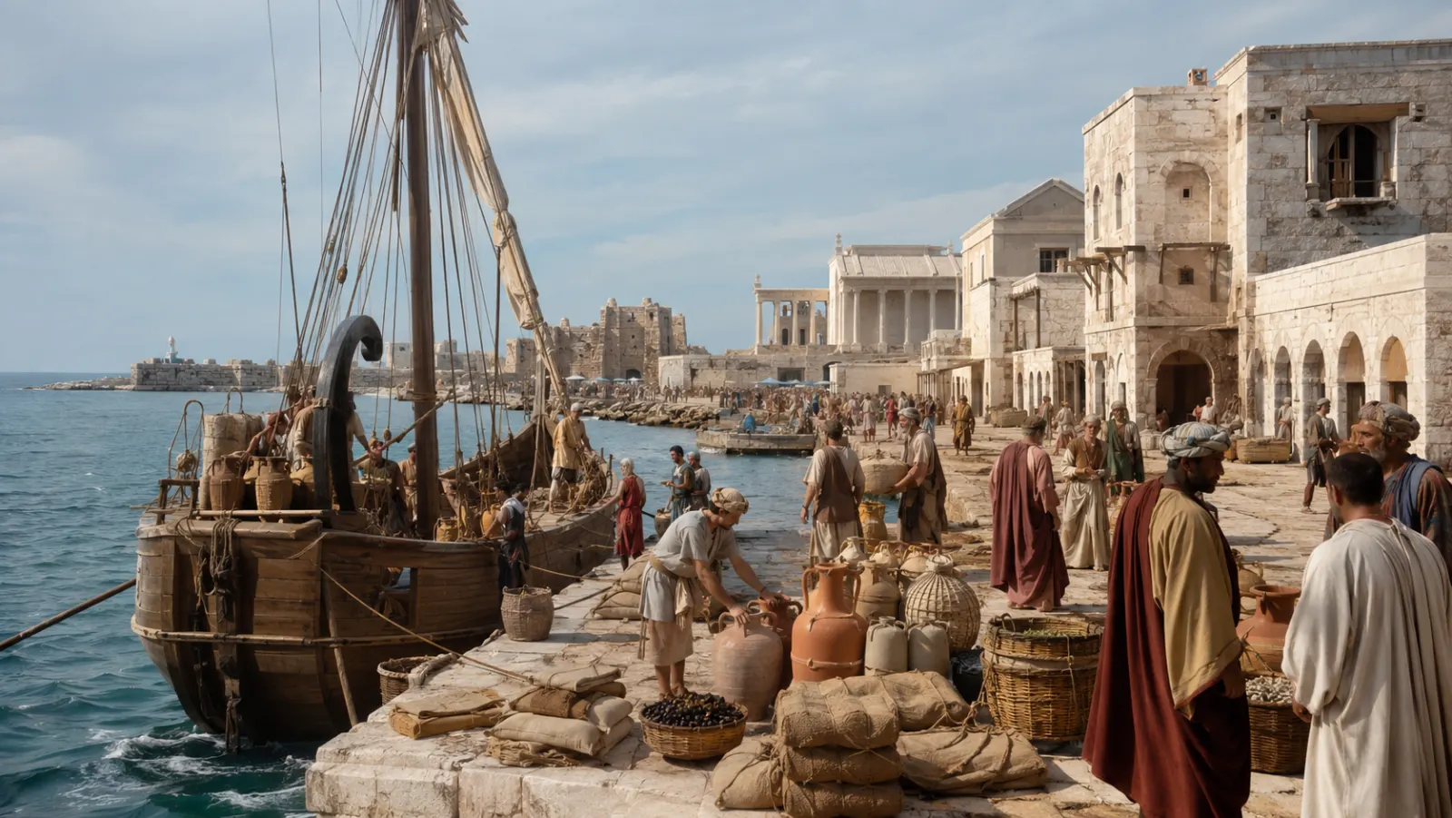 Merchants unload amphorae from a trading vessel inside Herod’s great harbor at Caesarea while warehouses and the stone city rise behind them.