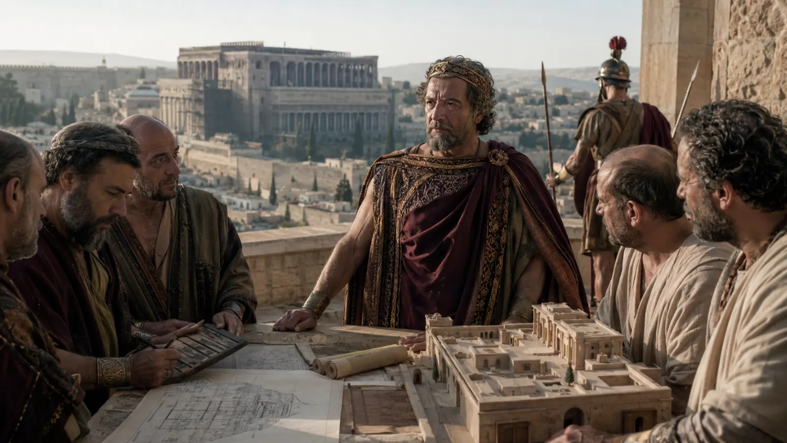 Herod the Great reviews plans with architects on a high terrace overlooking a major Judean construction project.