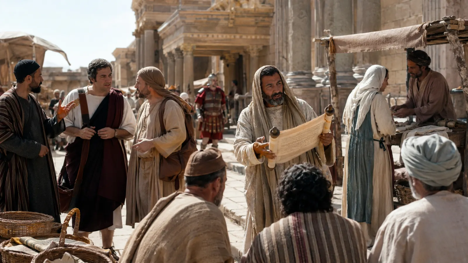 En una calle de ciudad oriental del siglo I, un maestro, comerciantes y viajeros muestran visualmente la convivencia de varias lenguas del mundo de Jesús.
