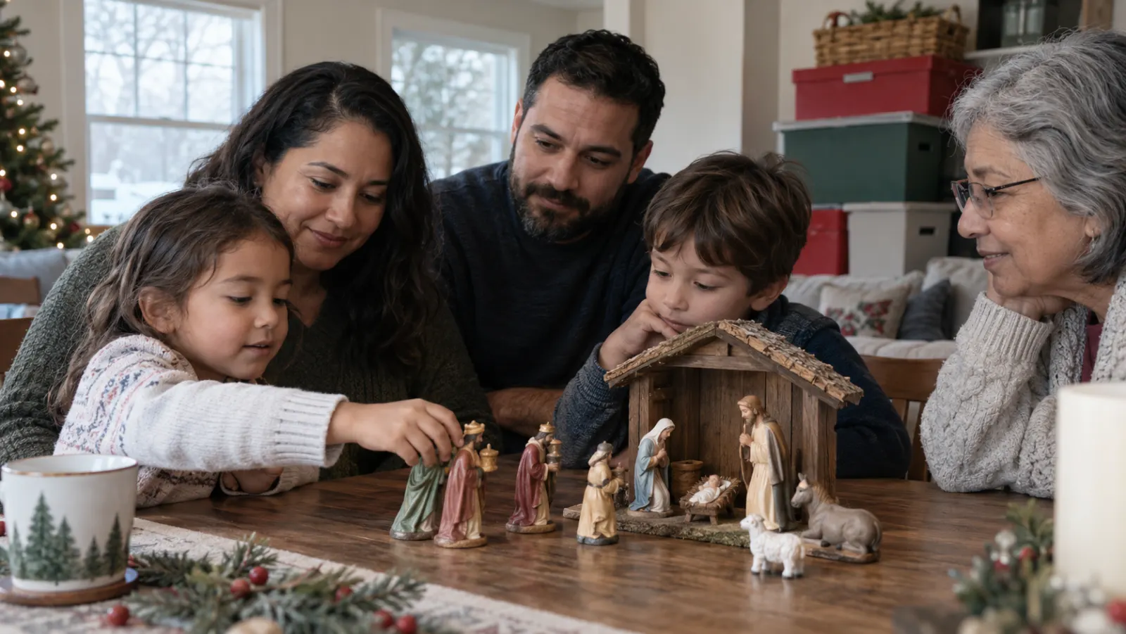 A family keeps a simple nativity and candle on a dining table in the quiet light of early January.
