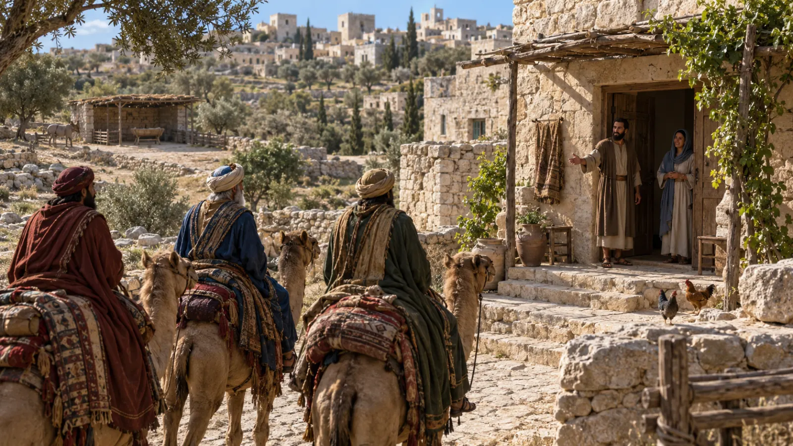 A modest Judean house is seen months after a birth, with eastern travelers approaching while an empty feeding trough remains in a distant stable.