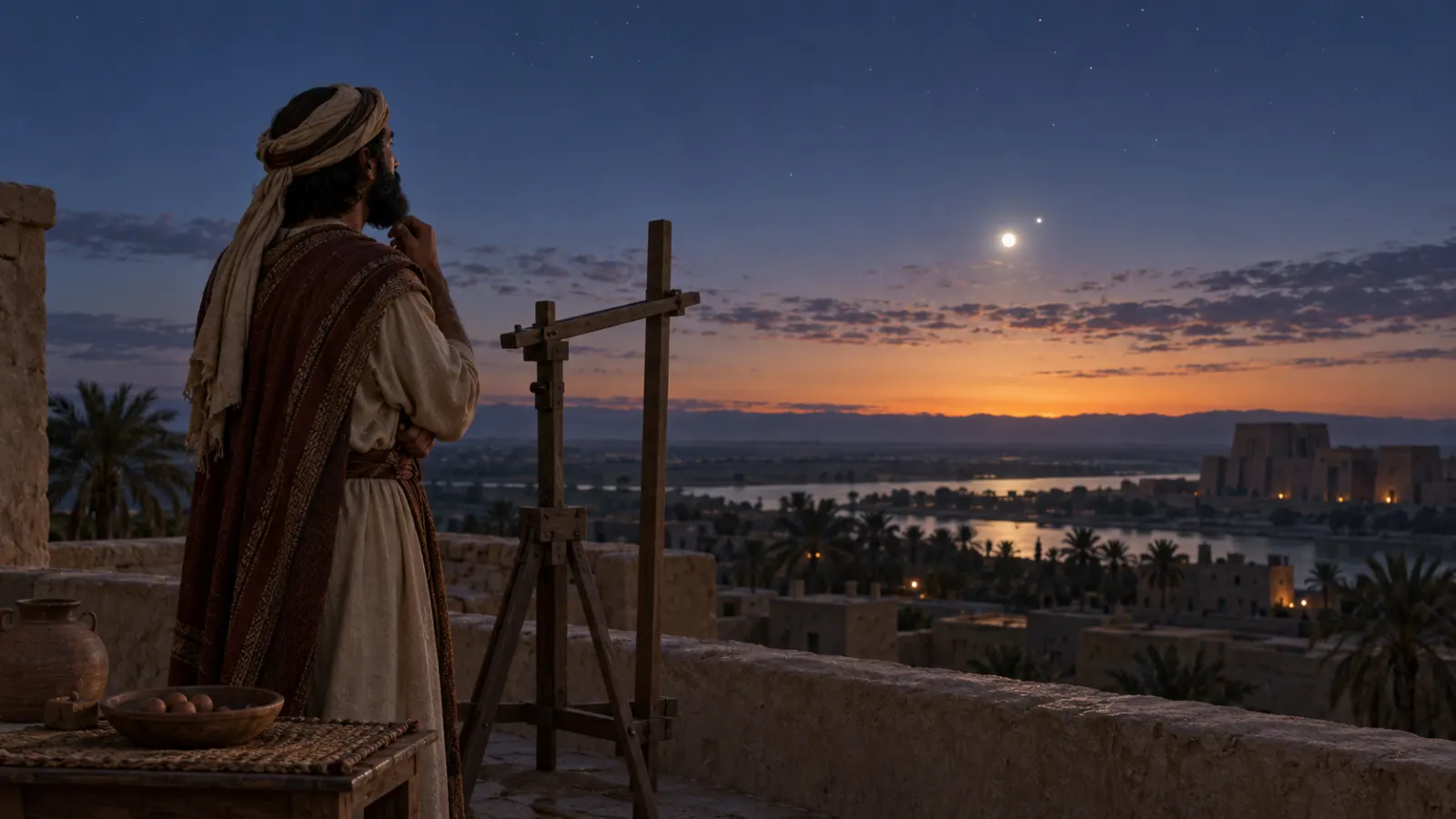 An ancient sky observer studies a natural-looking conjunction from a rooftop before dawn.