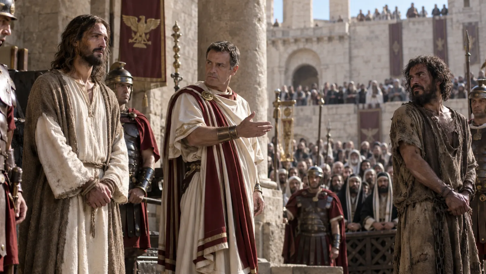 The Gospels present Barabbas as a prisoner associated with insurrection and violence who is released while Jesus is condemned. The episode sharpens the contrast between competing visions of deliverance and exposes the calculations of Roman rule.