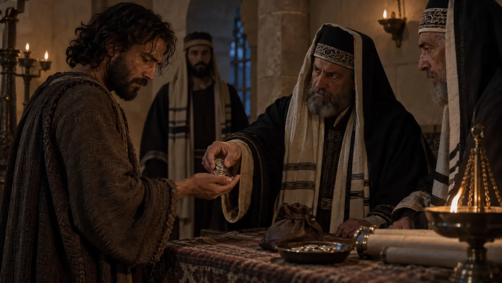 Matthew says Judas received thirty silver coins for handing Jesus over. The amount echoes Old Testament imagery and highlights the tragic valuation of Jesus, even as Judas’s full motive remains difficult to reconstruct.