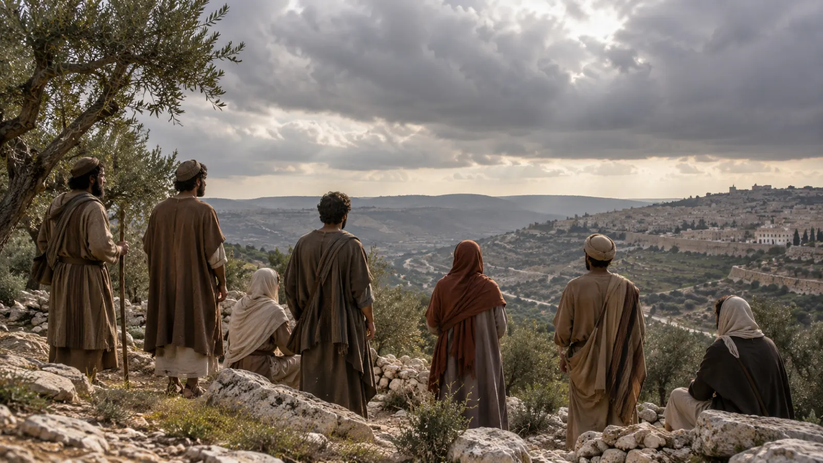 First-century Jewish disciples stand on a Judean ridge beneath a dense natural cloud bank.