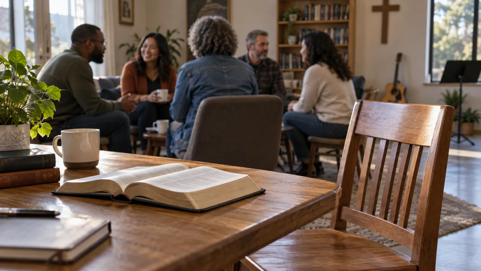 An empty wooden chair stands near an open Bible while a diverse church group talks in the background.