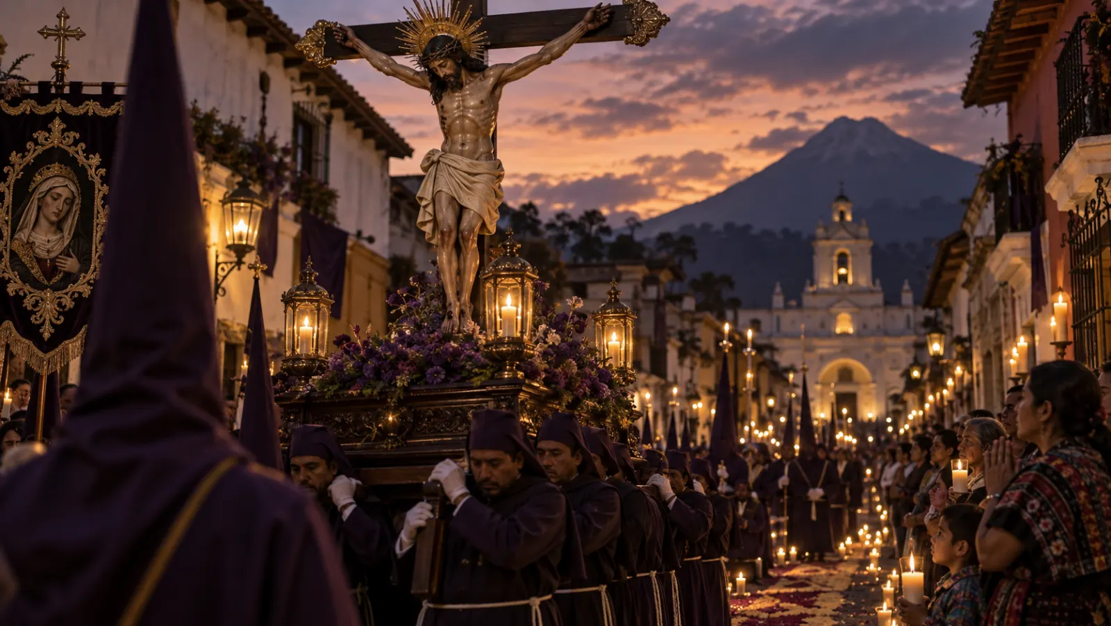 Una imagen reverente del Cristo crucificado preside una procesión de Semana Santa en un contexto urbano latinoamericano, conectando memoria devocional y origen bíblico.
