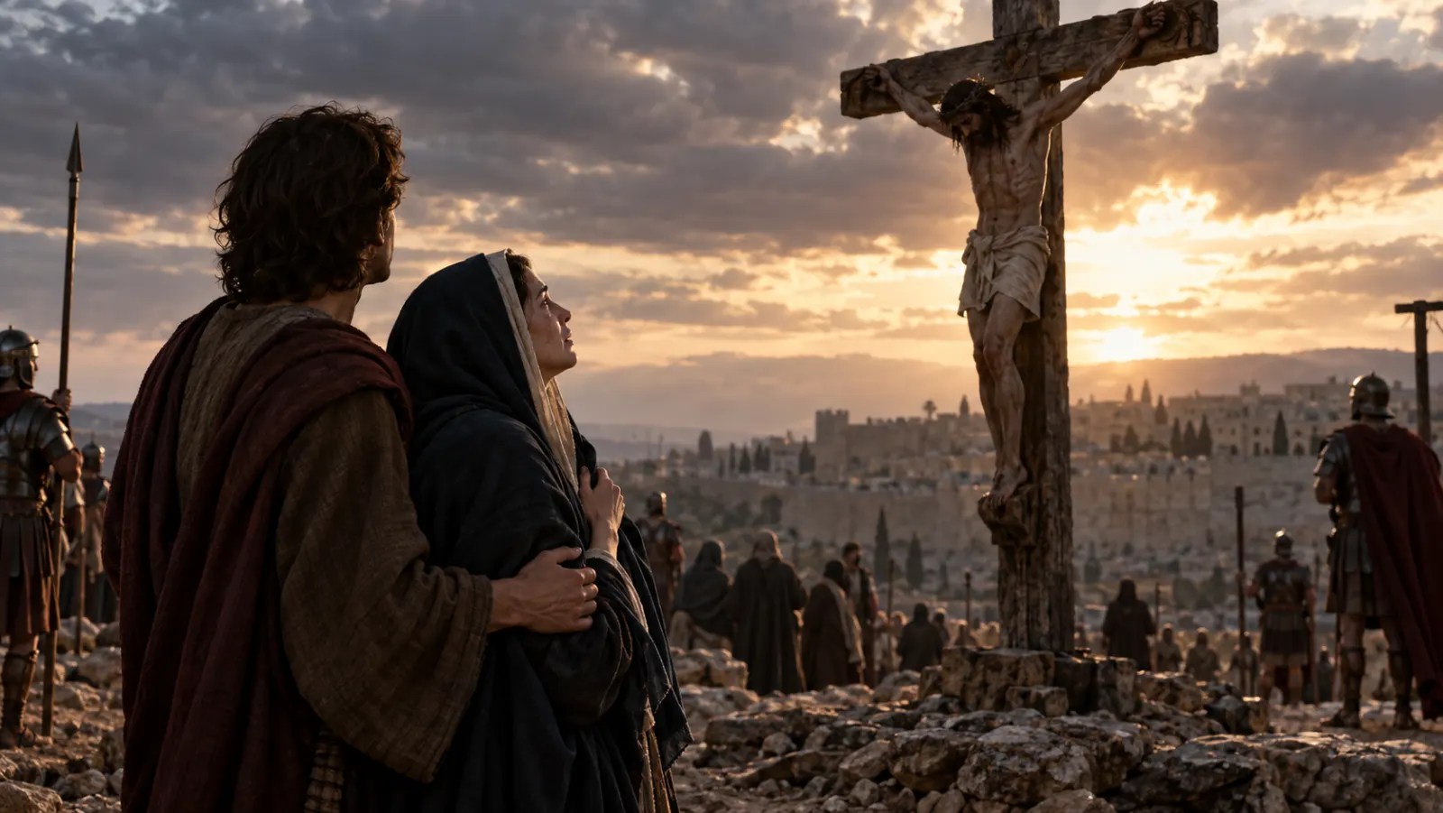 María y el discípulo amado permanecen cerca de la cruz de Jesús en un momento de dolor contenido y profunda fidelidad.