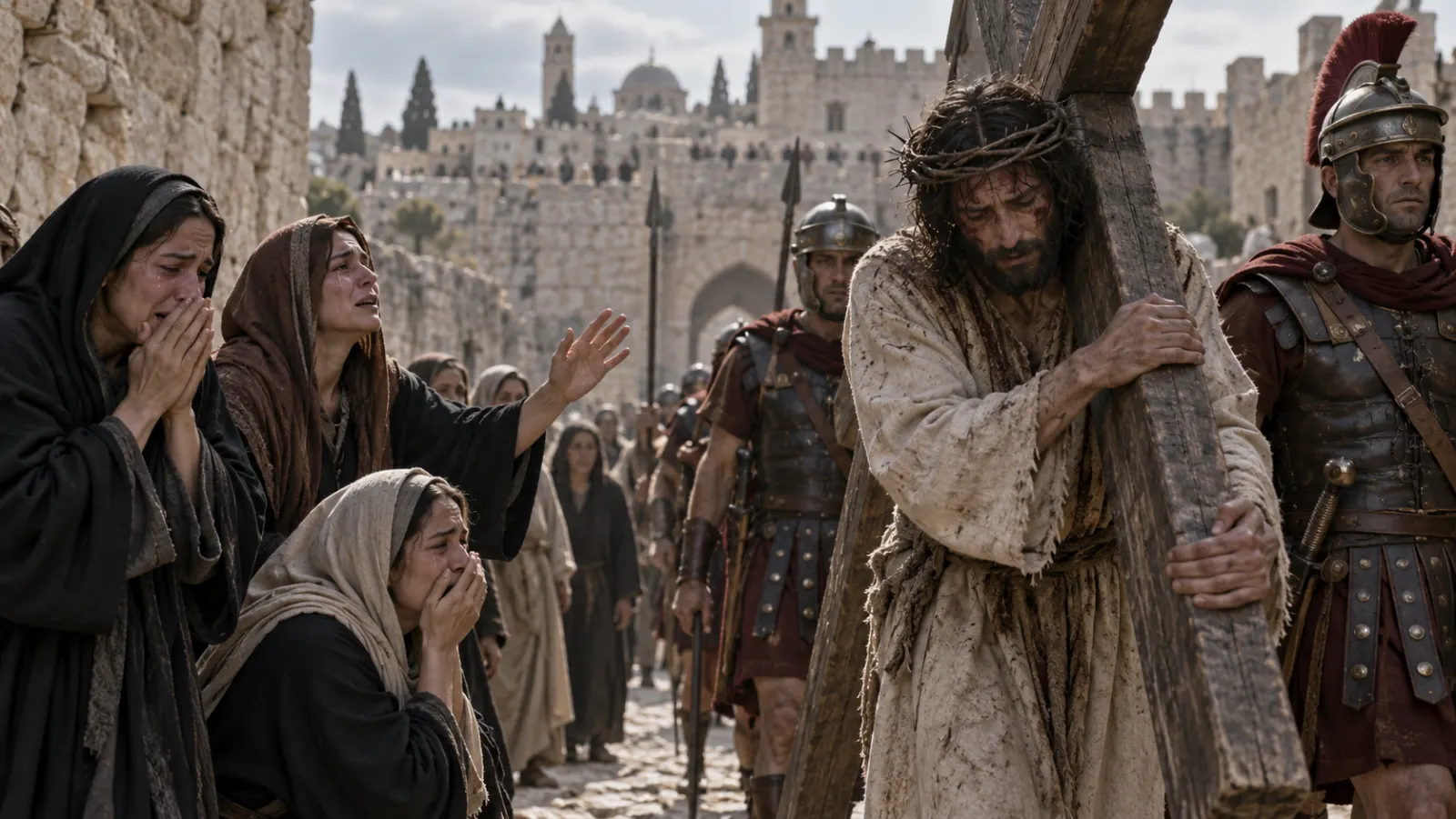 Un hombre del norte de África es obligado por soldados romanos a cargar el madero detrás de Jesús en el camino hacia la ejecución, entre polvo, tensión y miradas de la multitud.