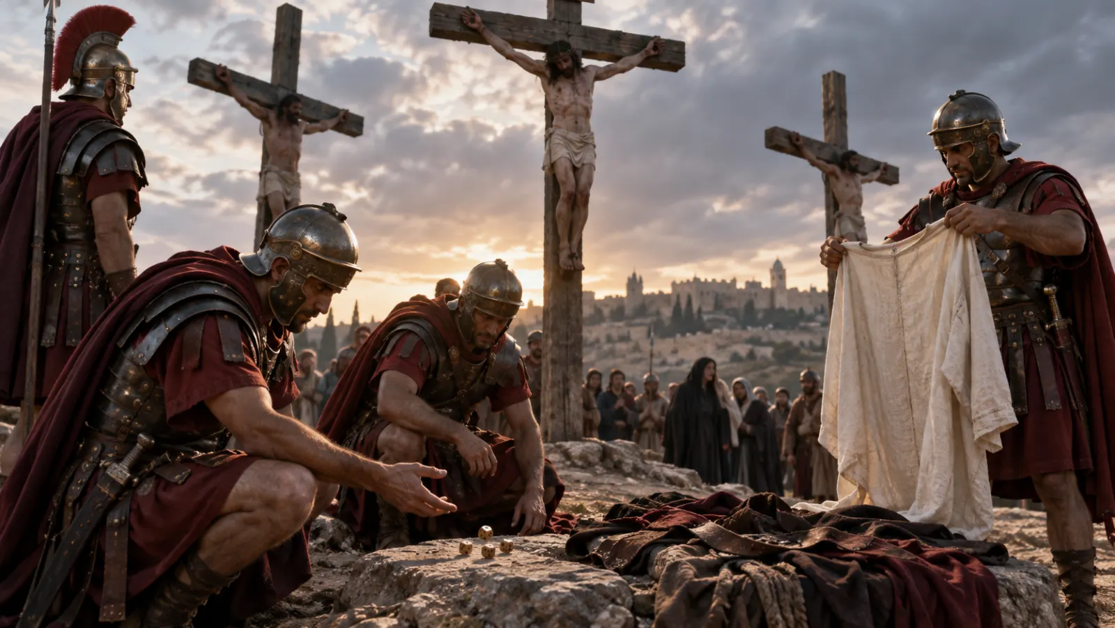 Soldados romanos se reparten las vestiduras de Jesús al pie de la cruz, mientras la escena de ejecución revela la humillación pública del castigo.