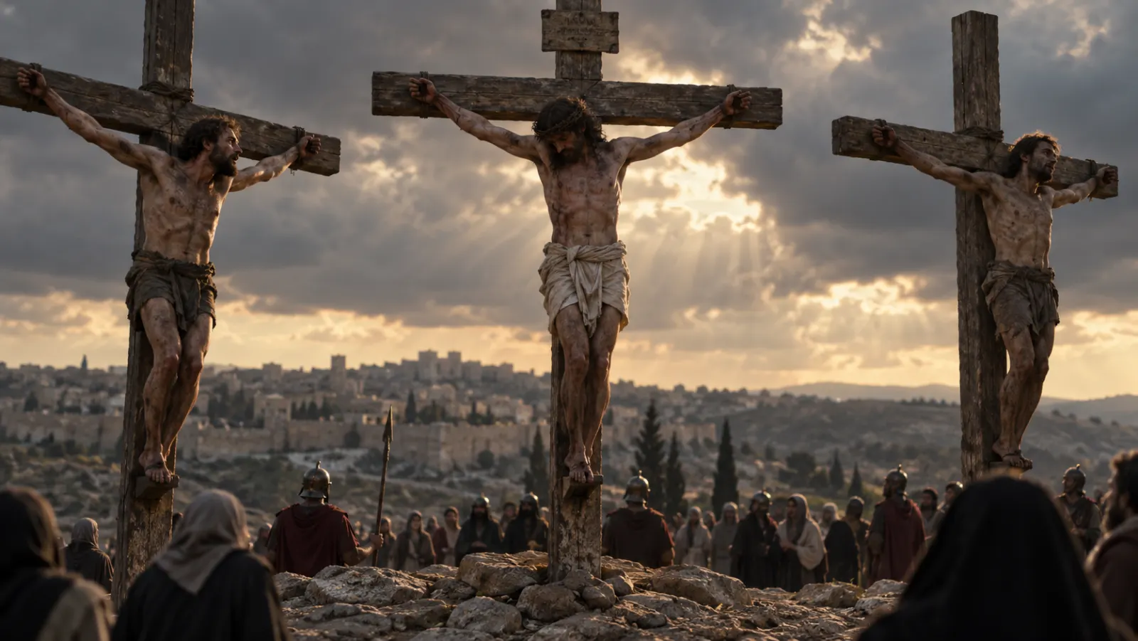 Jesús es crucificado entre otros dos condenados, mientras uno de ellos se vuelve hacia él en una escena de tensión y esperanza.